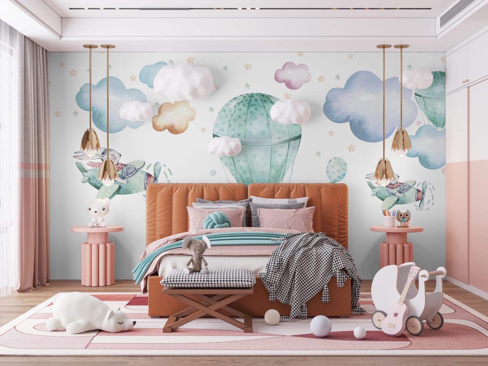 Papier peint ballons et avions avec lièvres