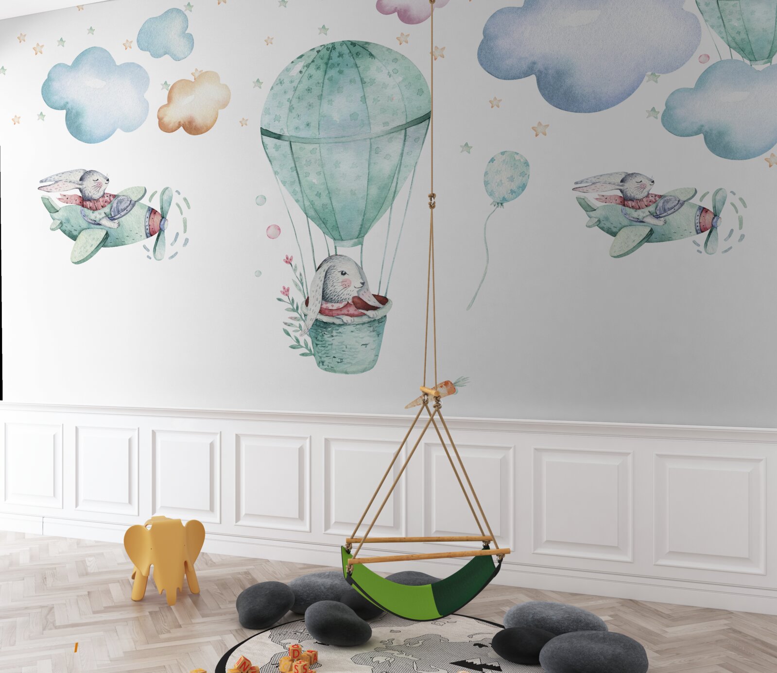 Papier peint ballons et avions avec lièvres