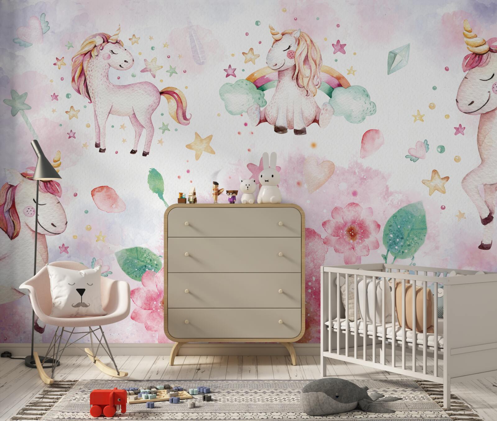 Papier peint des licornes parmi les fleurs