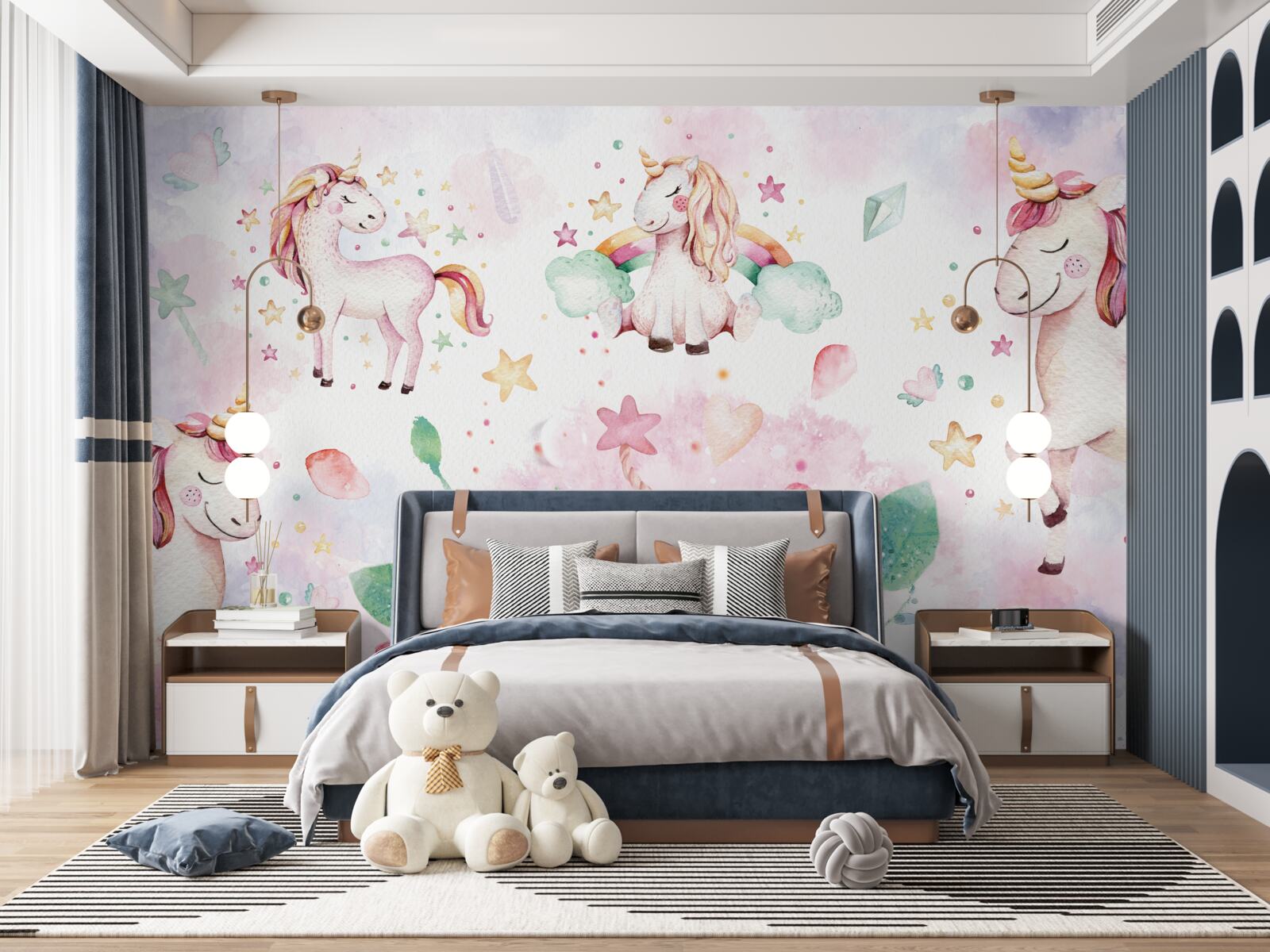 Papier peint des licornes parmi les fleurs