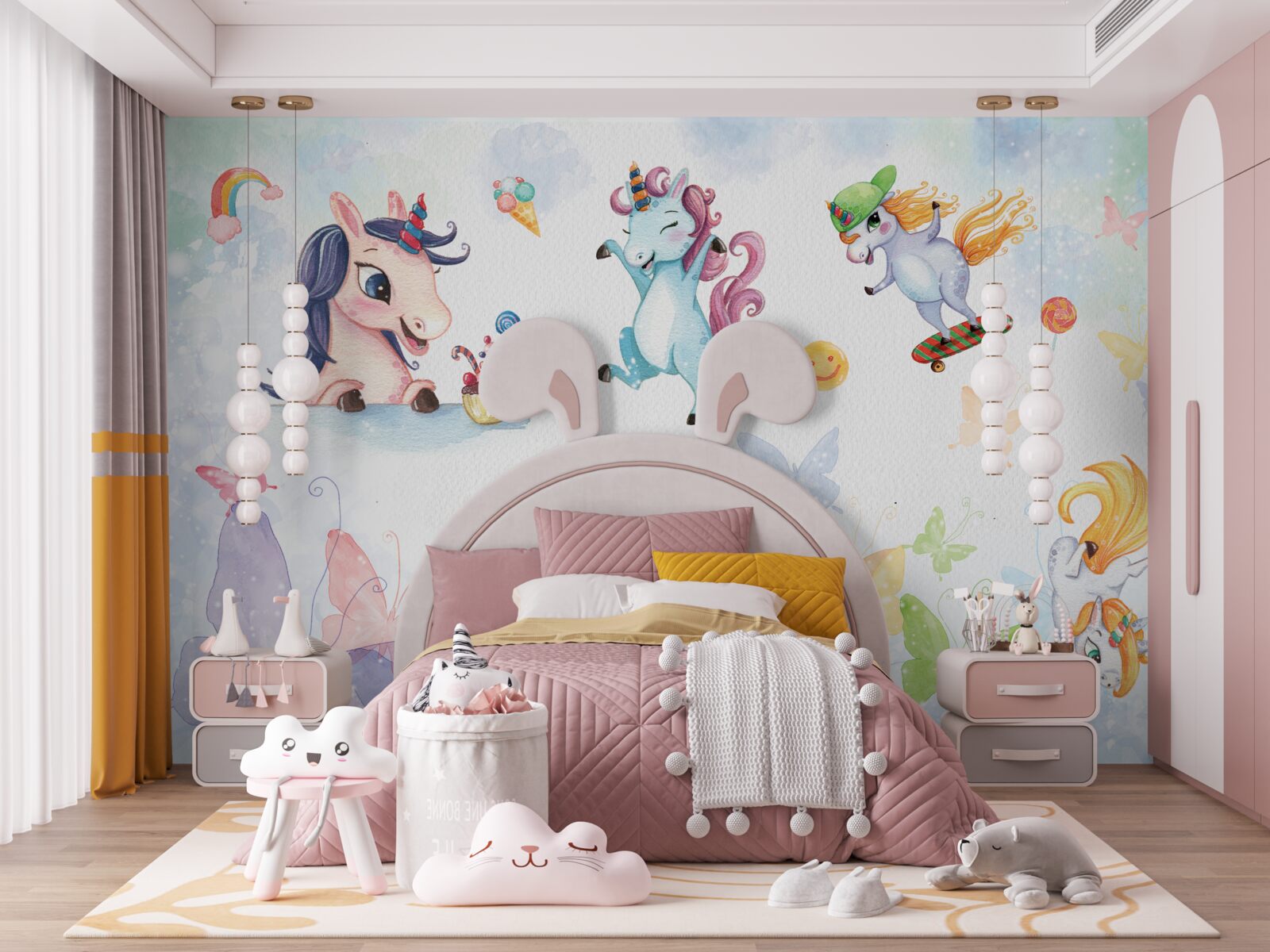 Papier peint licornes et papillons joyeux