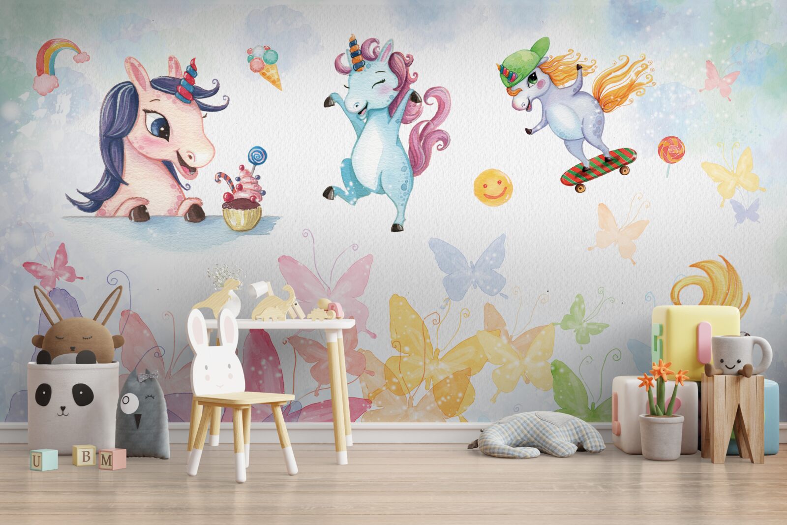 Papier peint licornes et papillons joyeux