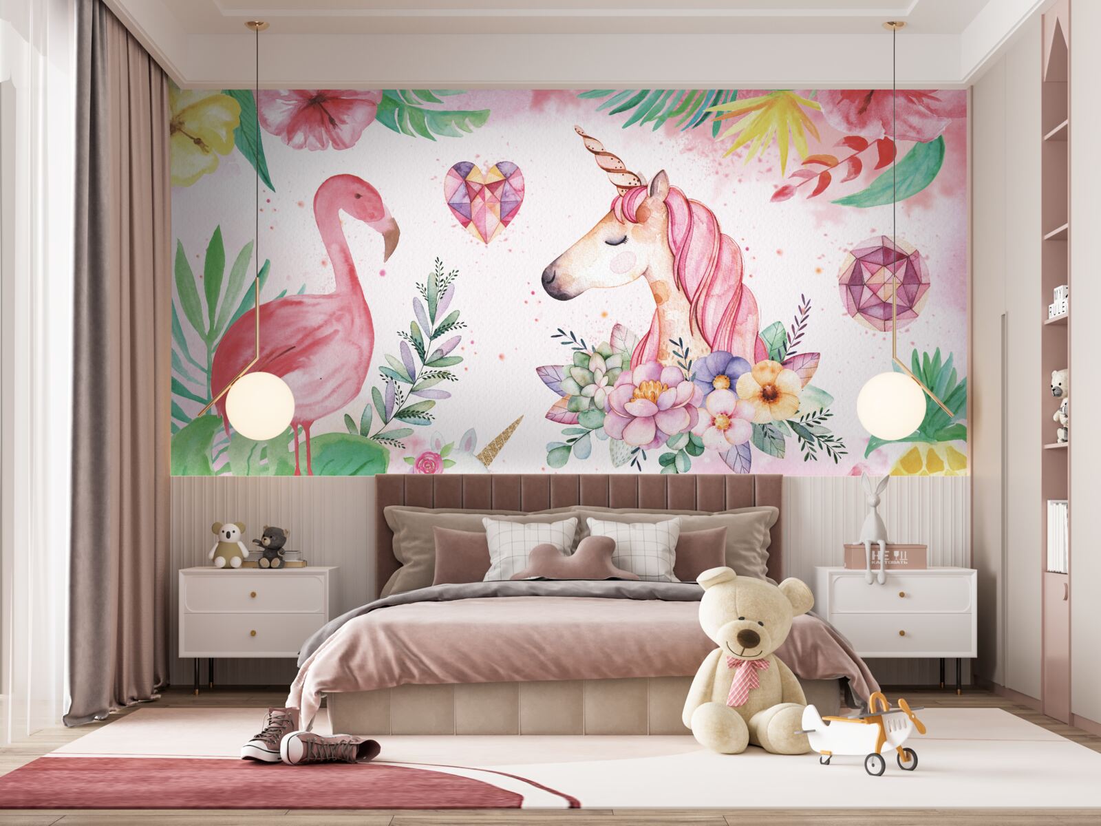 Papier peint Licorne et flamant rose