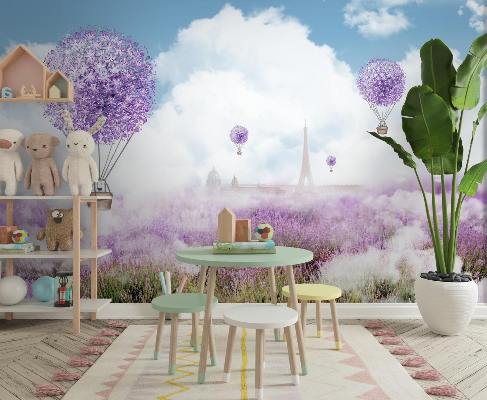 Papier peint un champ de lavande et des ballons volants