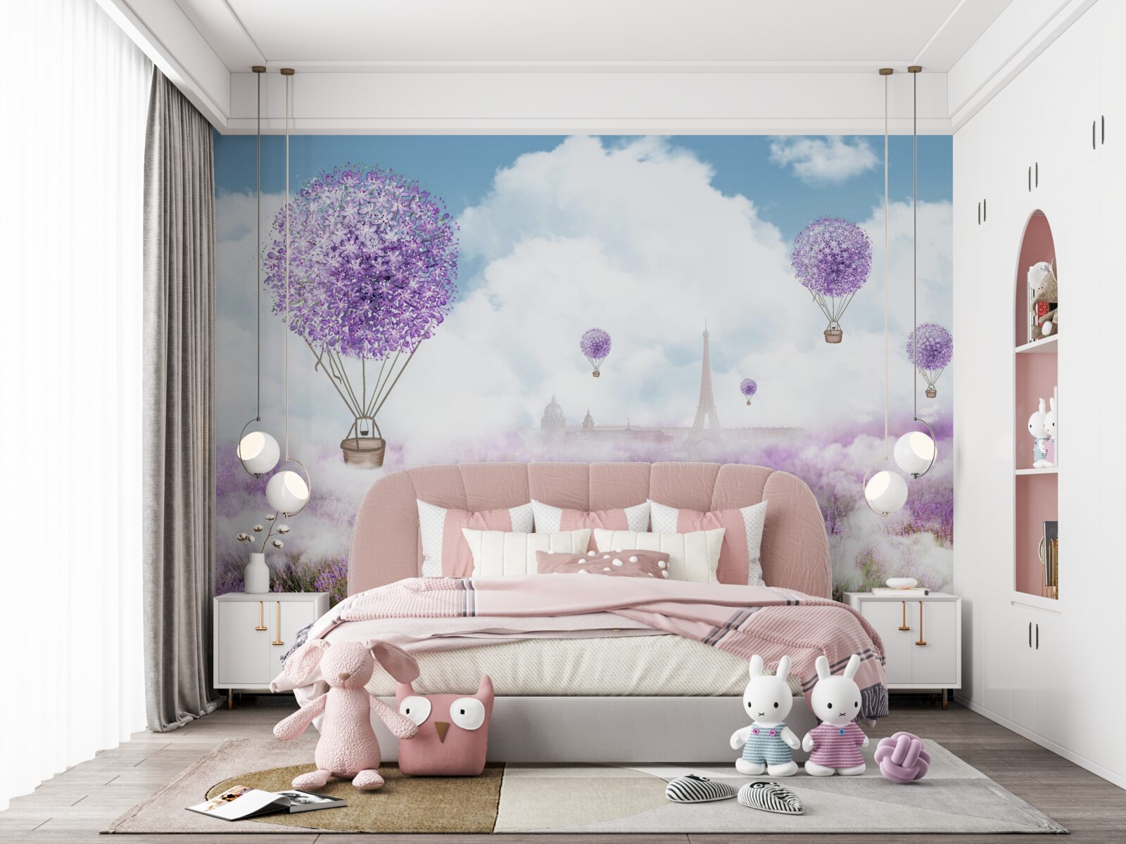 Papier peint un champ de lavande et des ballons volants