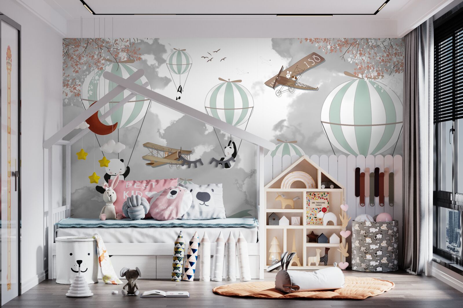 Papier peint pandas et ballons