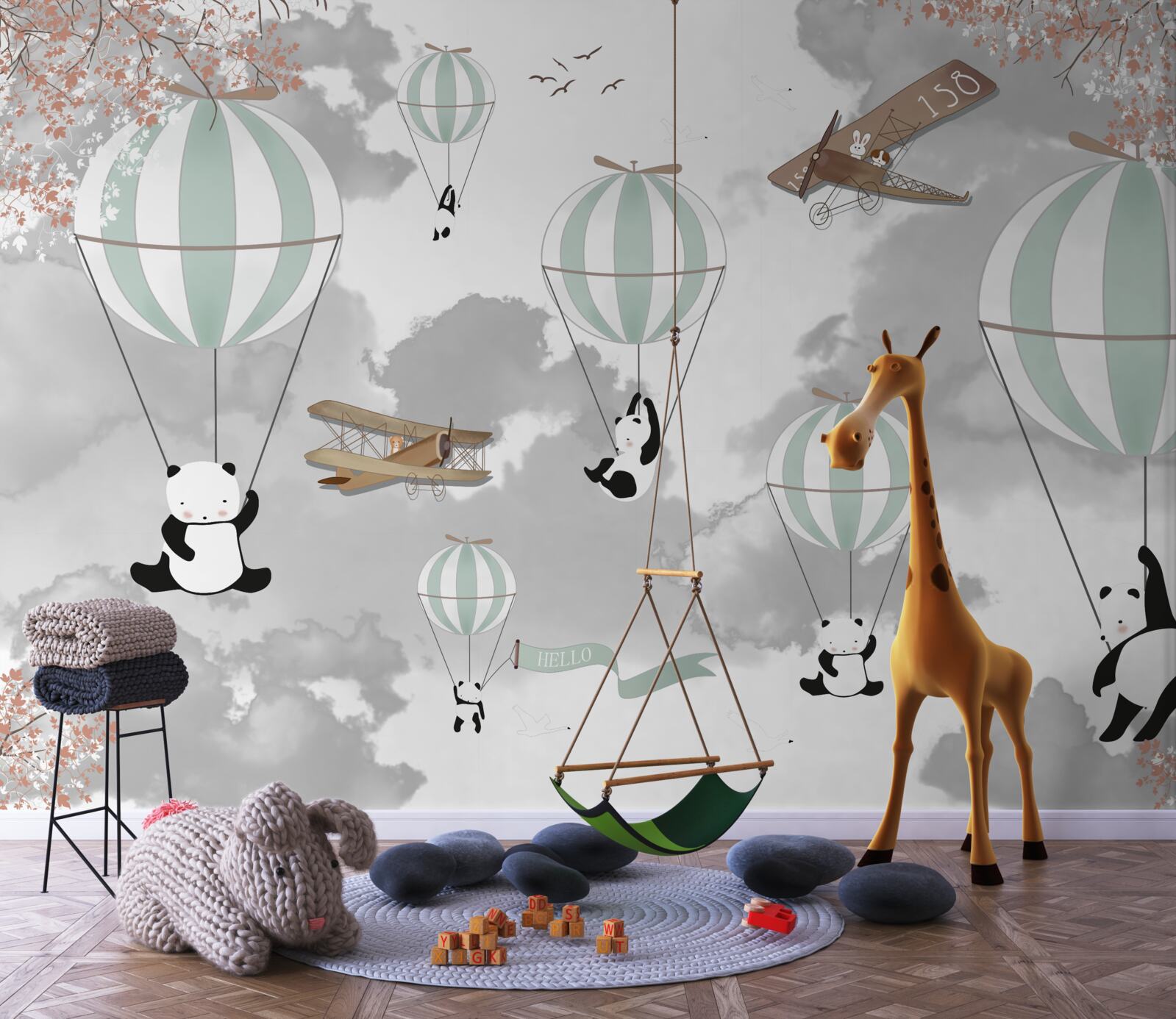 Papier peint pandas et ballons