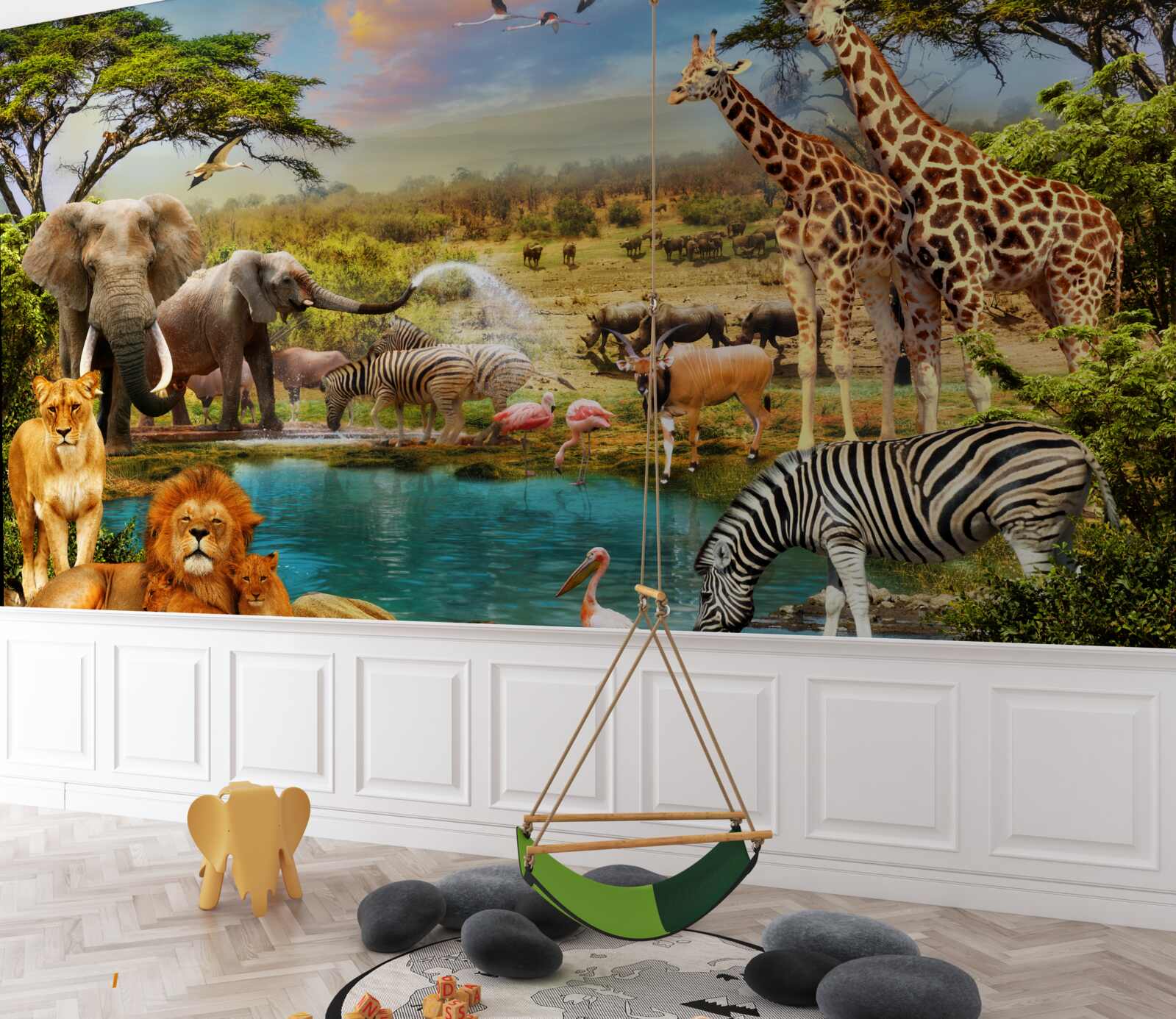Papier peint un point d'eau avec des animaux africains