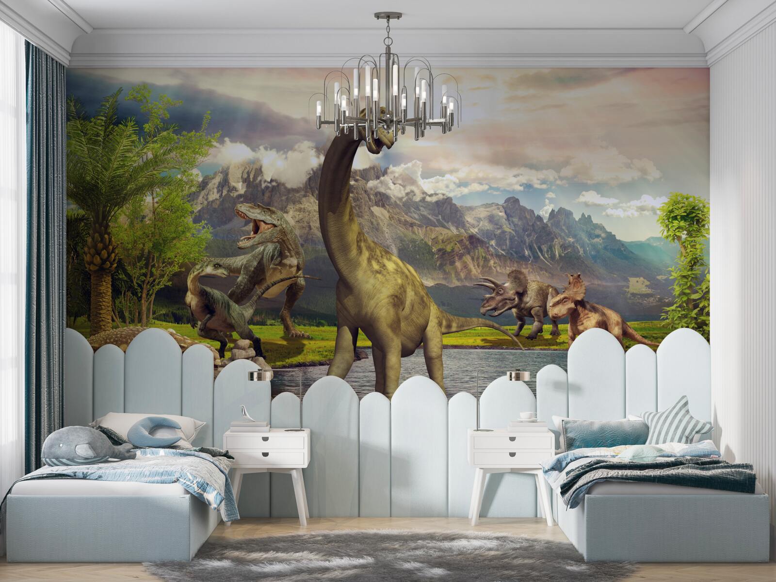 Papier peint des dinosaures sont apparus près de l'étang