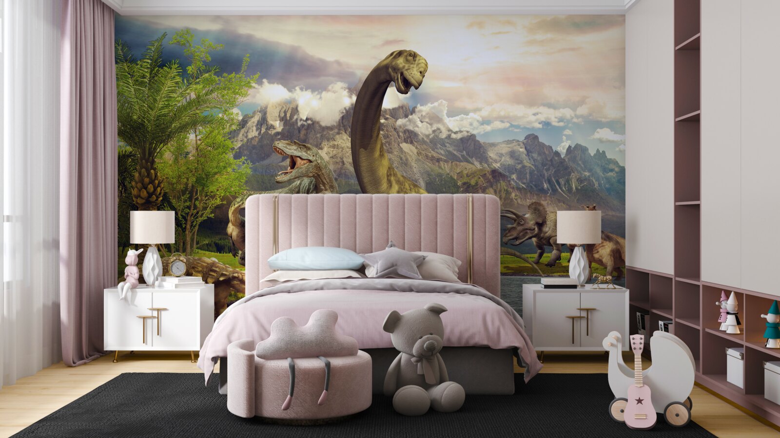 Papier peint des dinosaures sont apparus près de l'étang