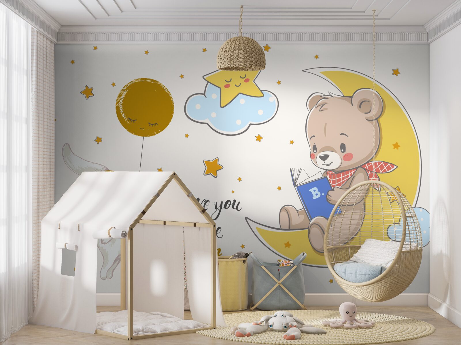 Papier peint un petit ours lit des histoires à un lièvre