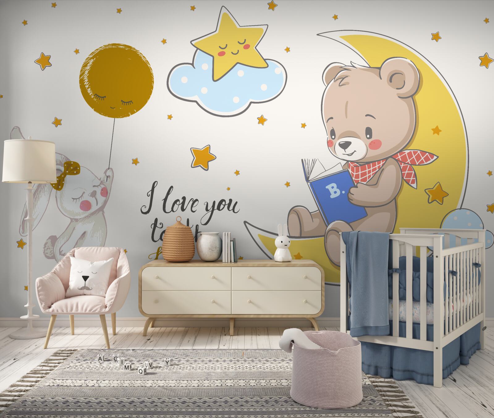 Papier peint un petit ours lit des histoires à un lièvre