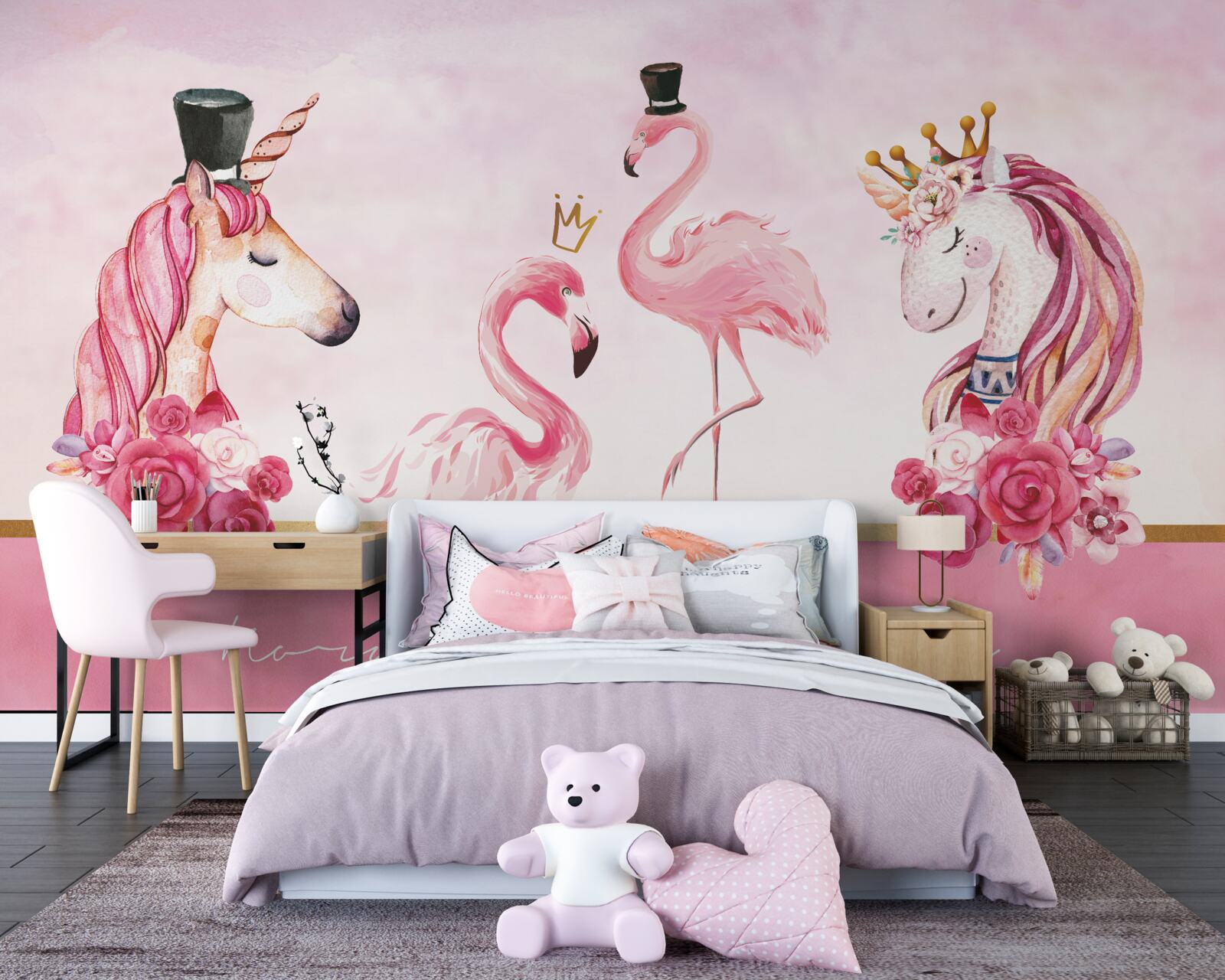 Papier peint flamants roses et licornes roses