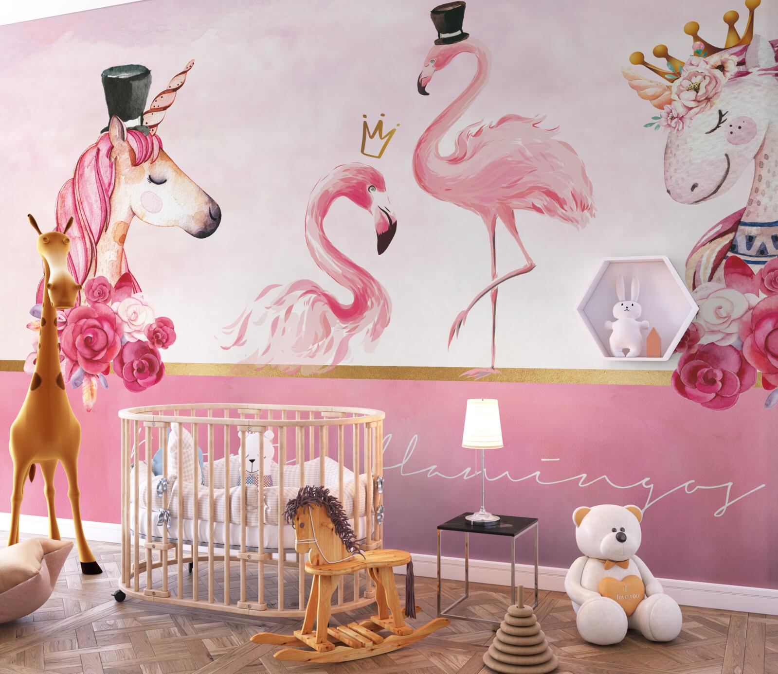 Papier peint flamants roses et licornes roses