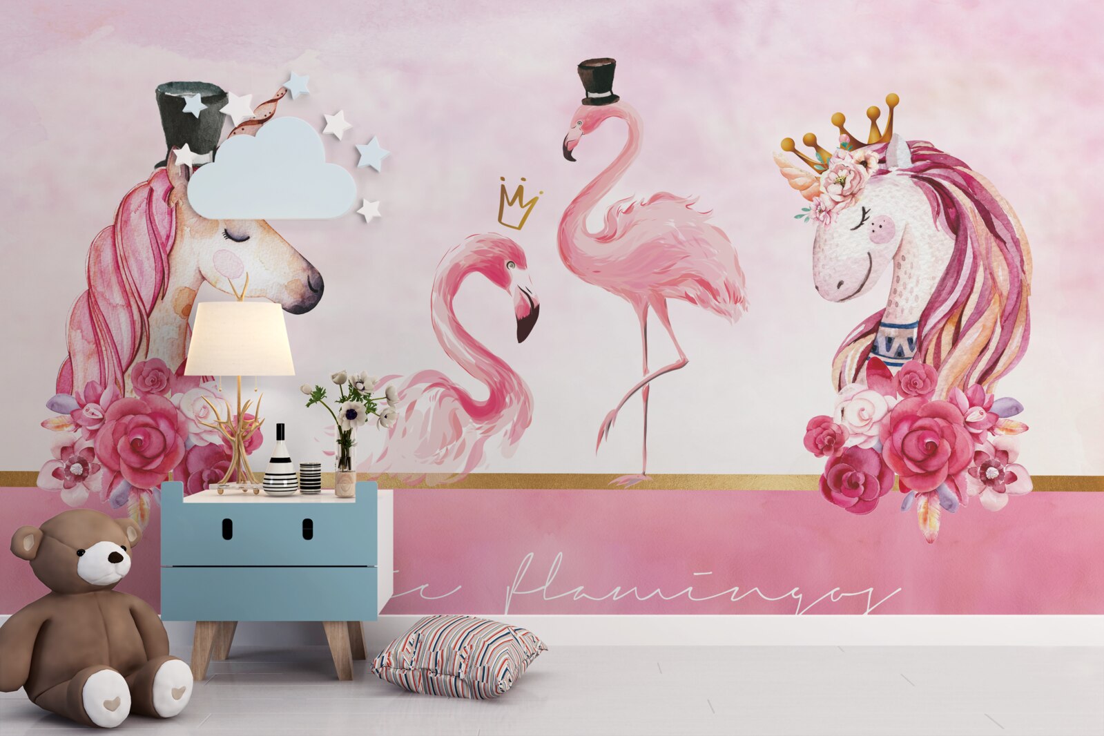 Papier peint flamants roses et licornes roses