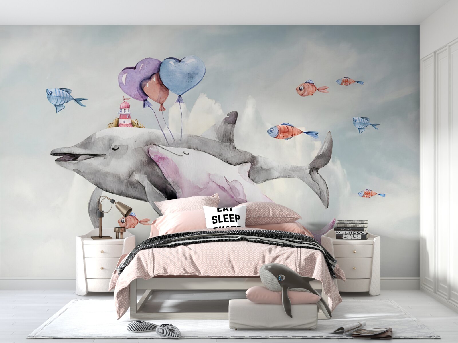 Papier peint deux dauphins avec des balles