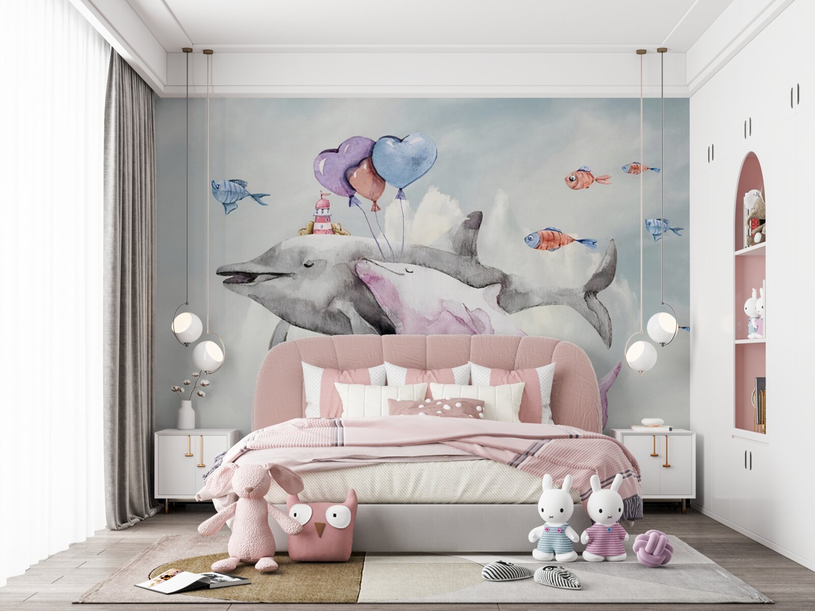 Papier peint deux dauphins avec des balles