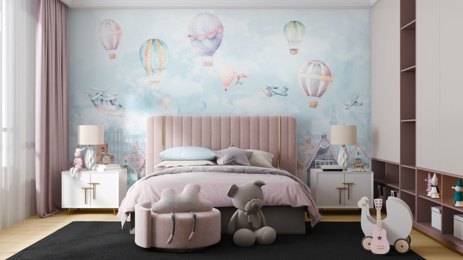 Papier peint des montgolfières flottent au-dessus de maisons peintes de différentes couleurs