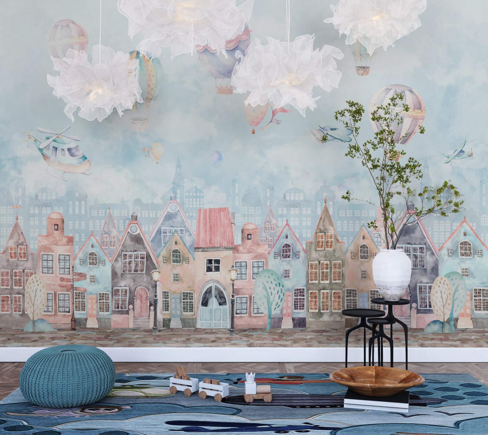 Papier peint des montgolfières flottent au-dessus de maisons peintes de différentes couleurs