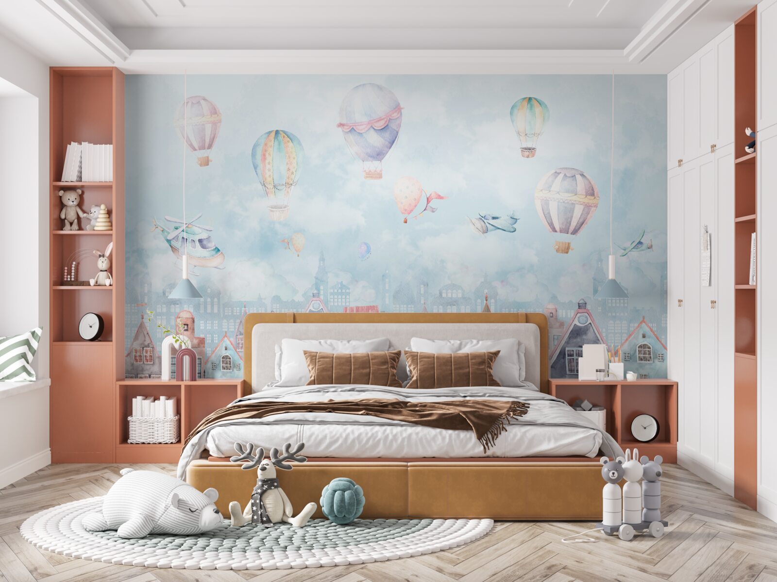 Papier peint des montgolfières flottent au-dessus de maisons peintes de différentes couleurs