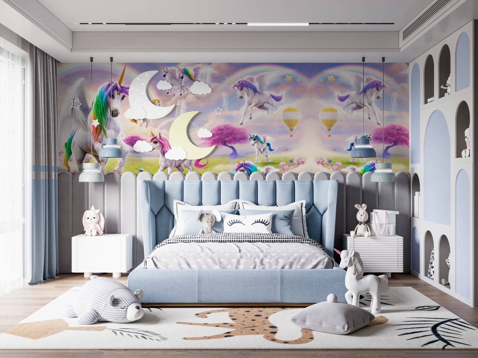 Papier peint des licornes à la fourrure arc-en-ciel scintillante comme dans un conte de fées