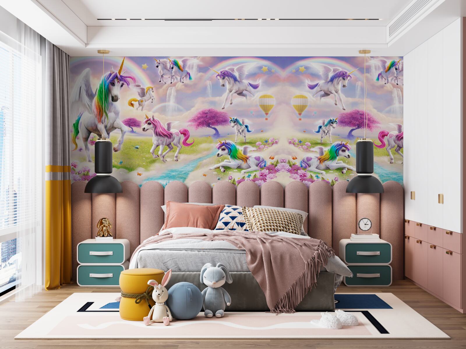 Papier peint des licornes à la fourrure arc-en-ciel scintillante comme dans un conte de fées