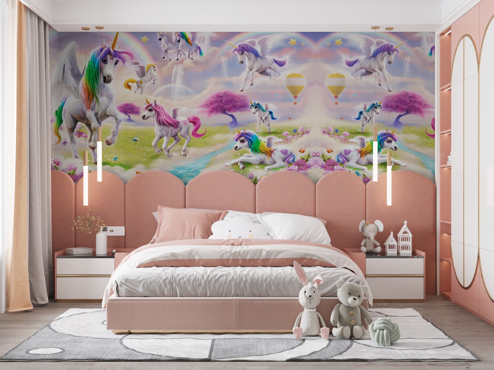 Papier peint des licornes à la fourrure arc-en-ciel scintillante comme dans un conte de fées