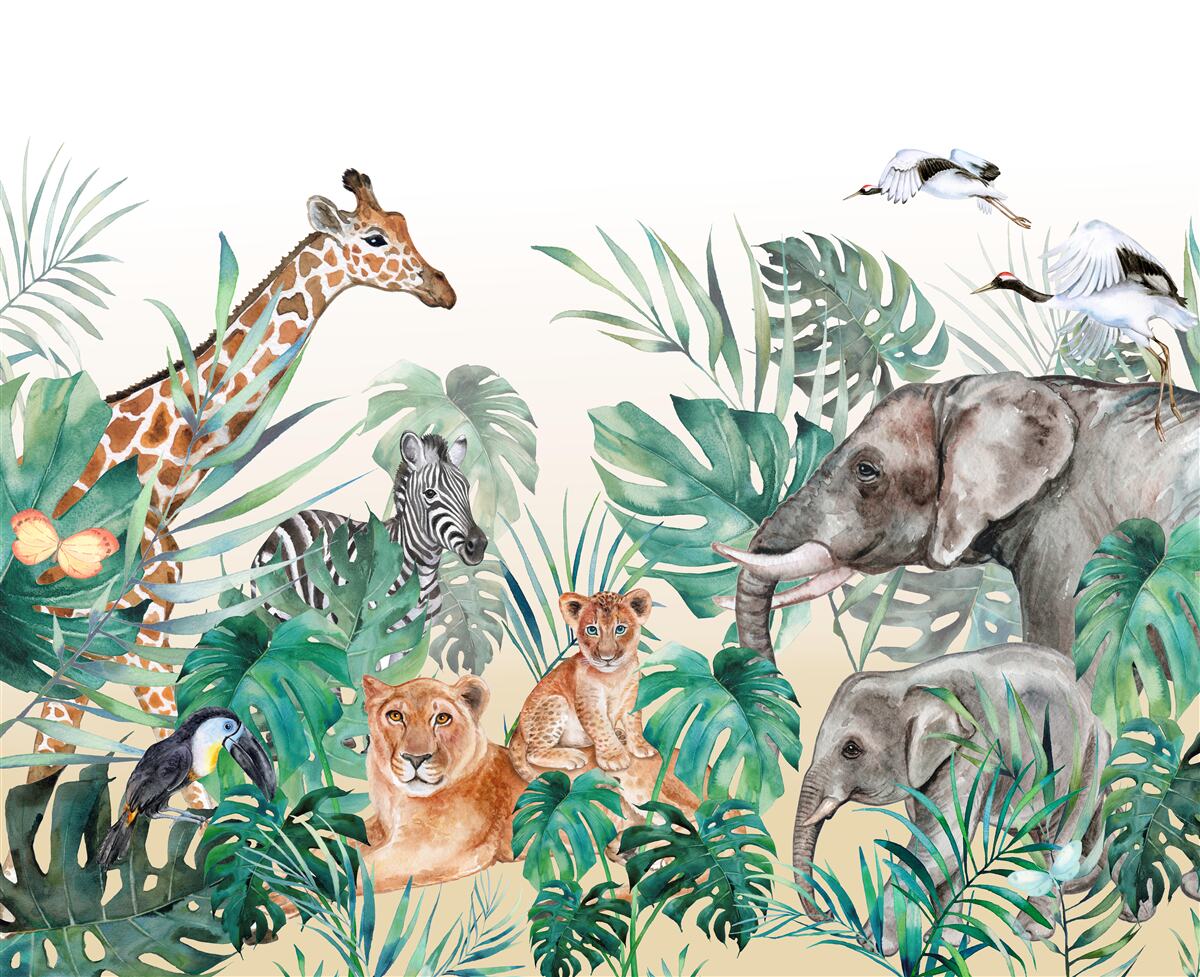 Papier peint animaux d'afrique parmi les feuilles