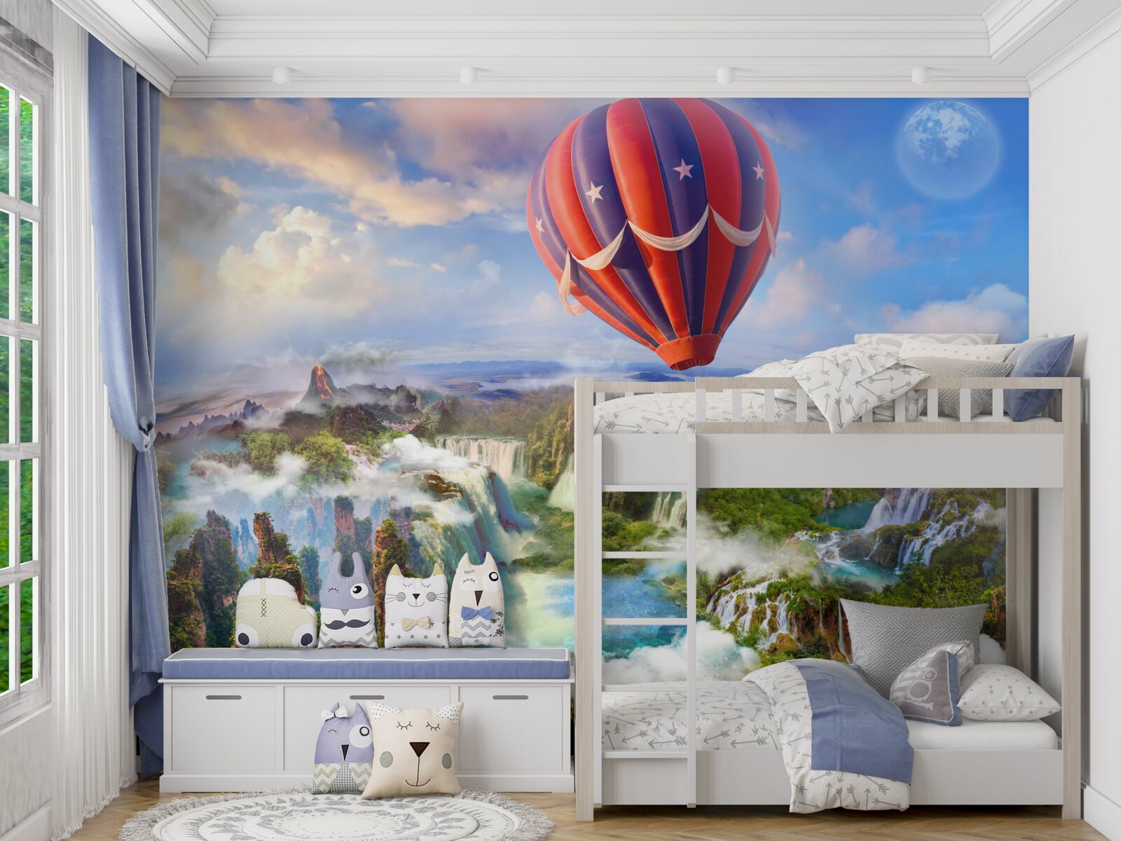 Papier peint ballon flottant sur de magnifiques chutes d'eau