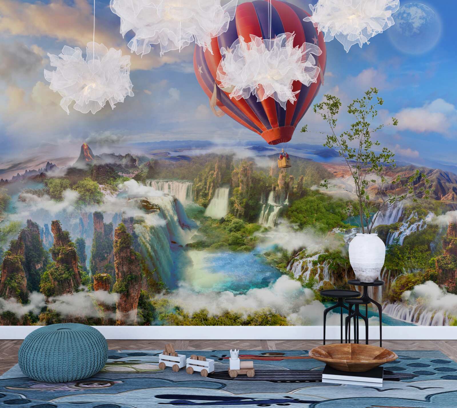 Papier peint ballon flottant sur de magnifiques chutes d'eau