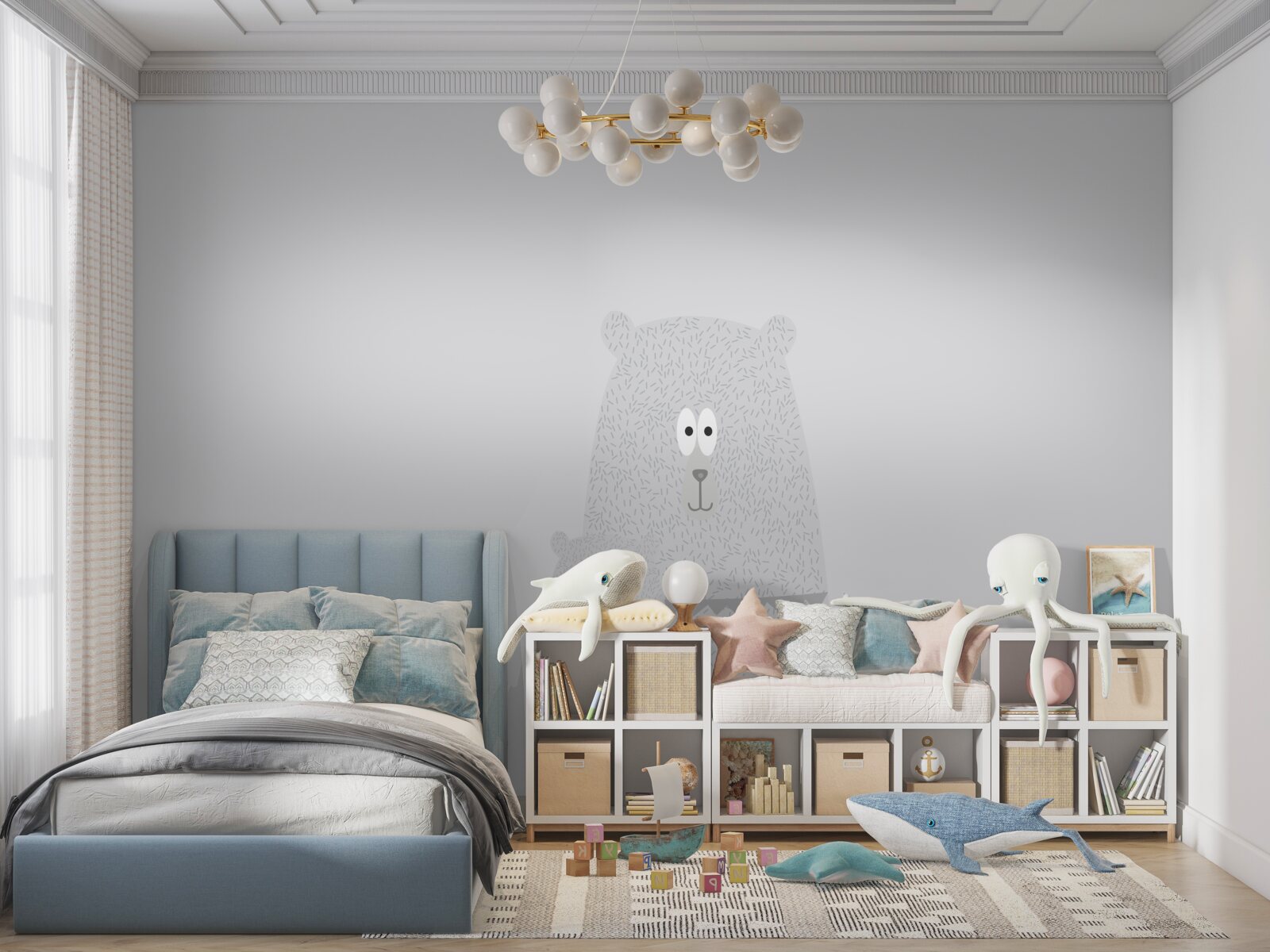 Papier peint ours gris sur fond gris uni