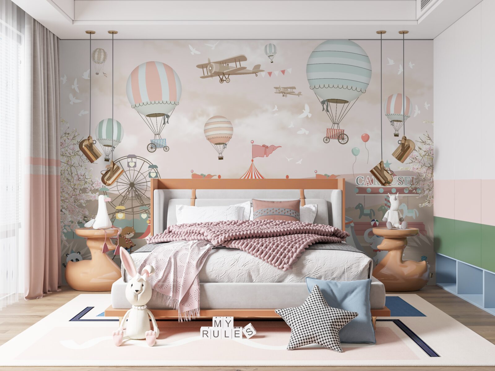 Papier peint cirque et boules flottant dans le ciel