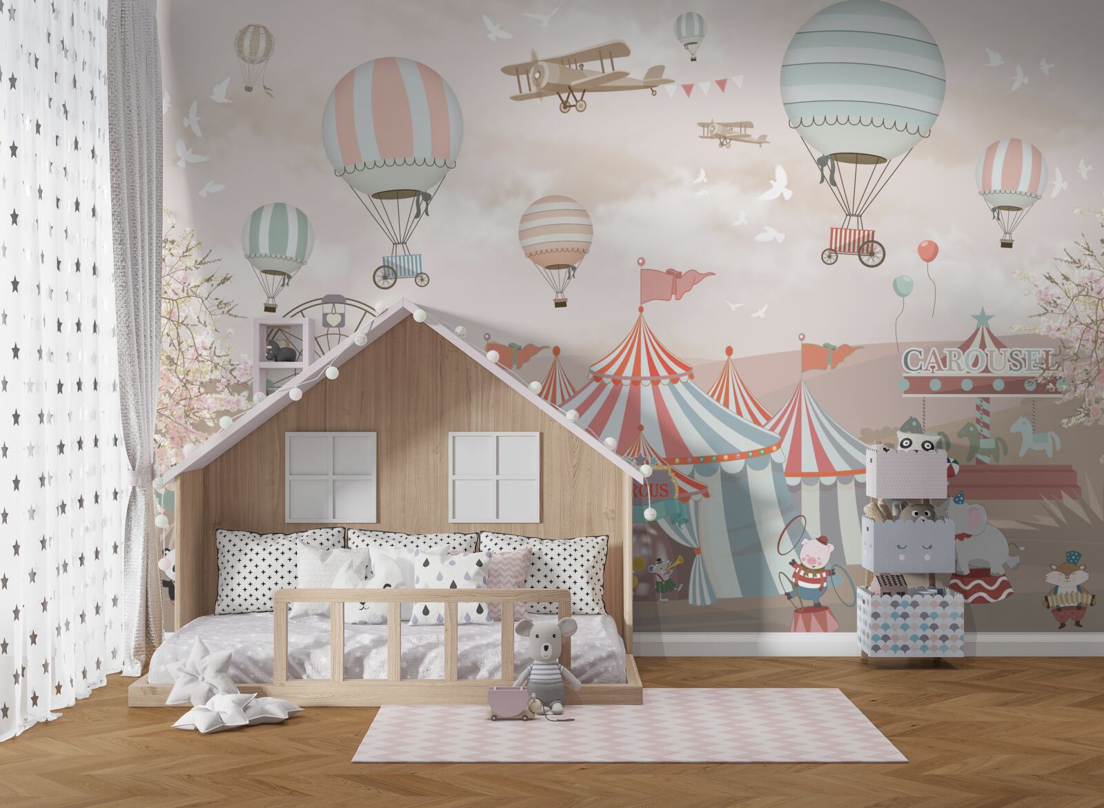 Papier peint cirque et boules flottant dans le ciel