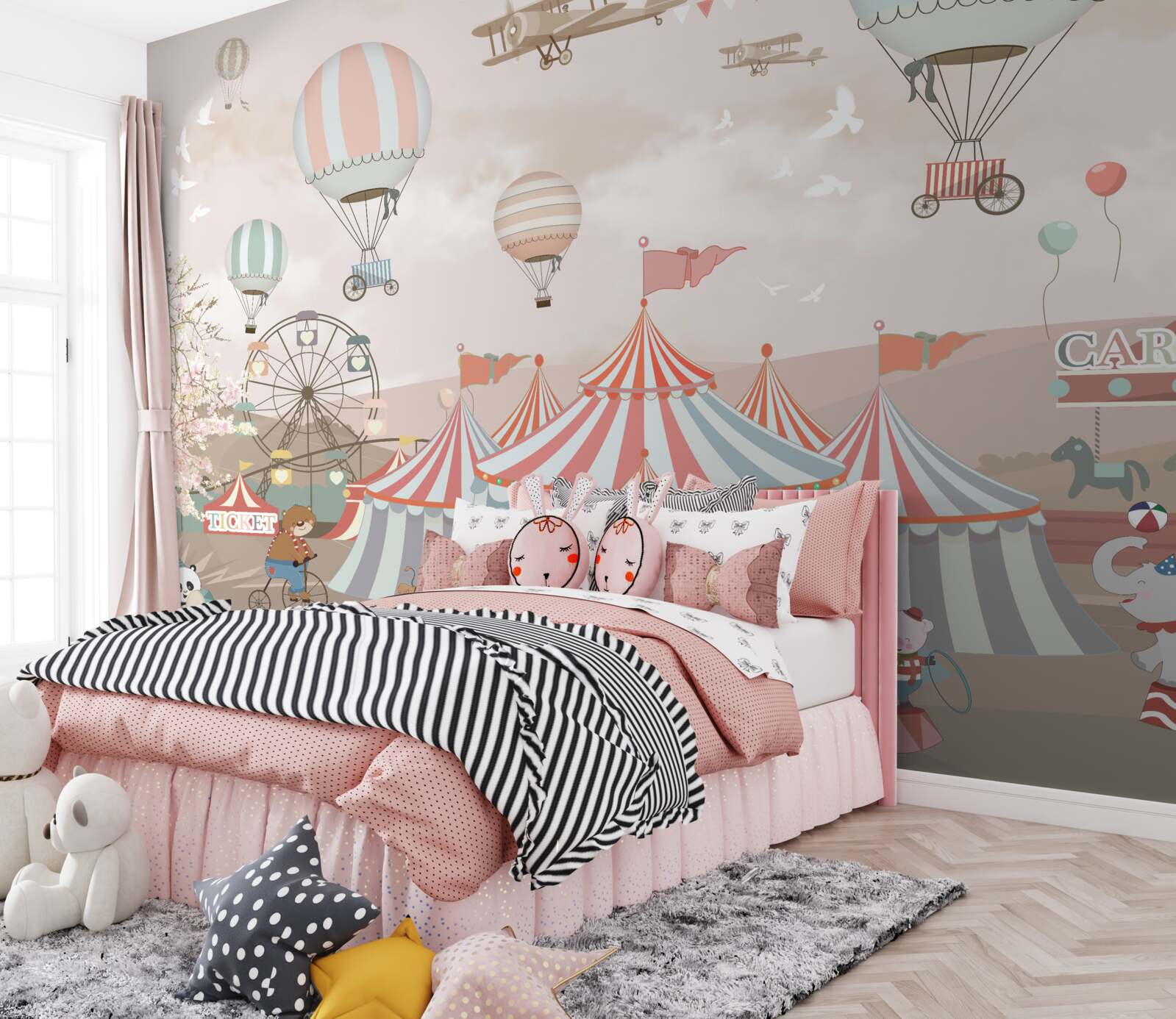 Papier peint cirque et boules flottant dans le ciel