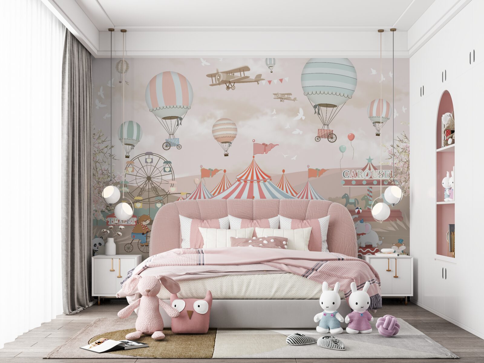 Papier peint cirque et boules flottant dans le ciel