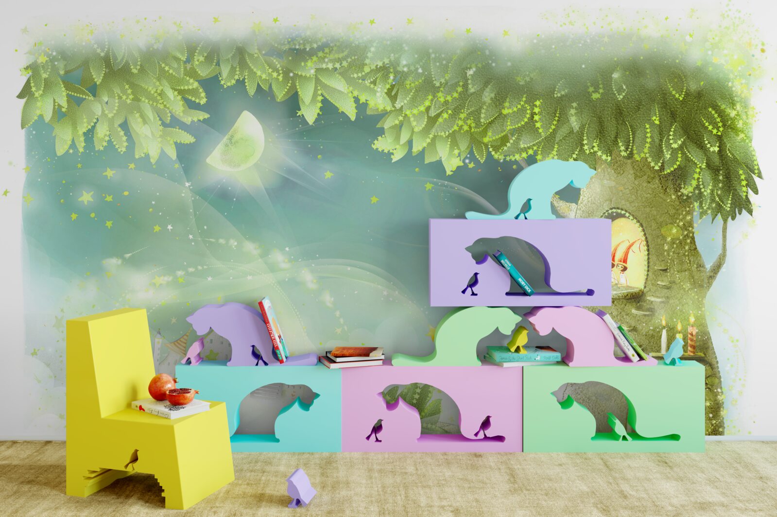 Papier peint une nuit magique dans une forêt de conte de fées