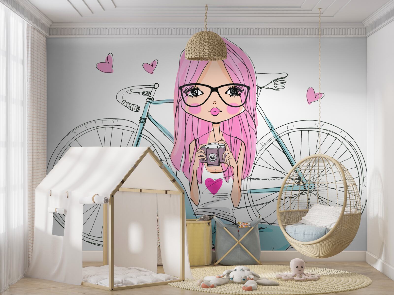 Papier peint fille à la mode sur une bicyclette