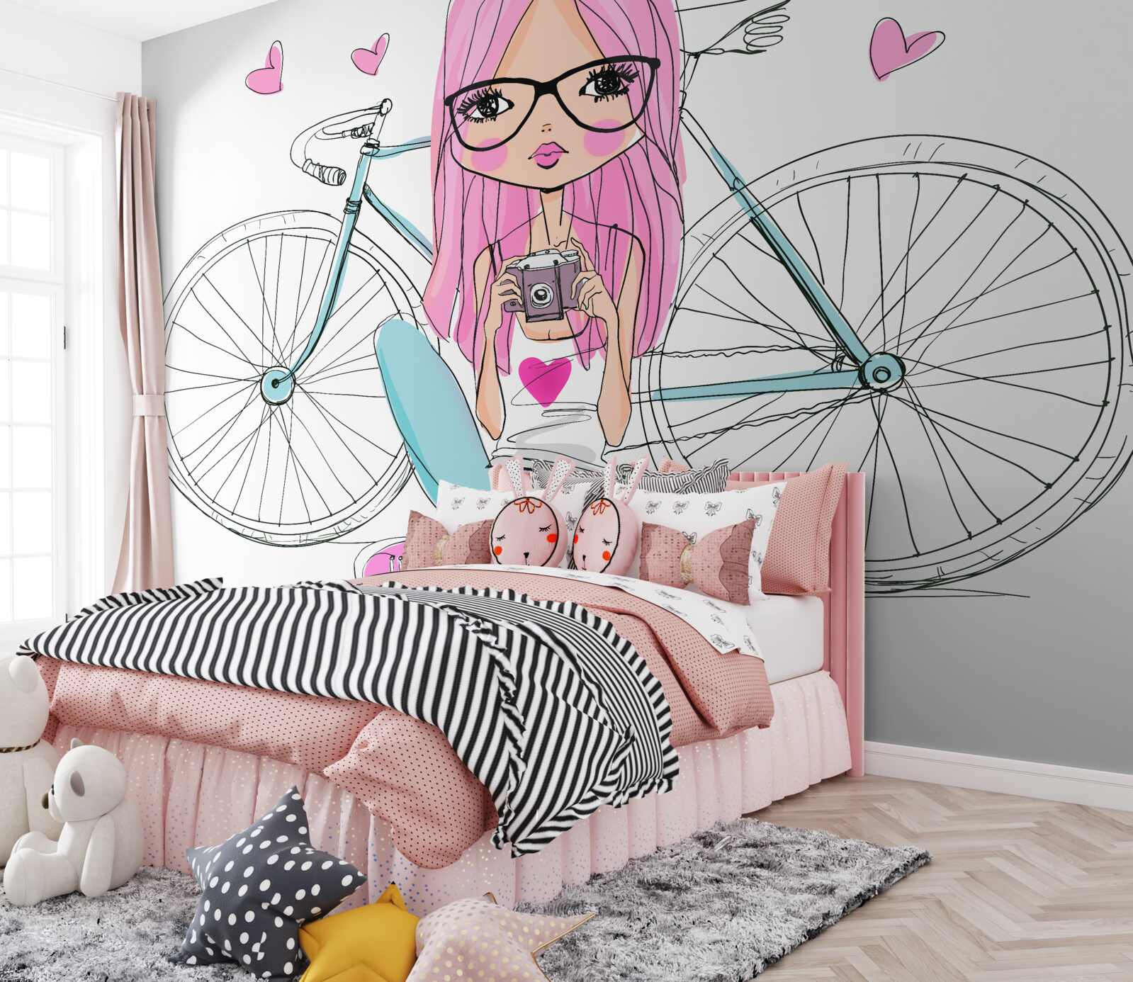 Papier peint fille à la mode sur une bicyclette