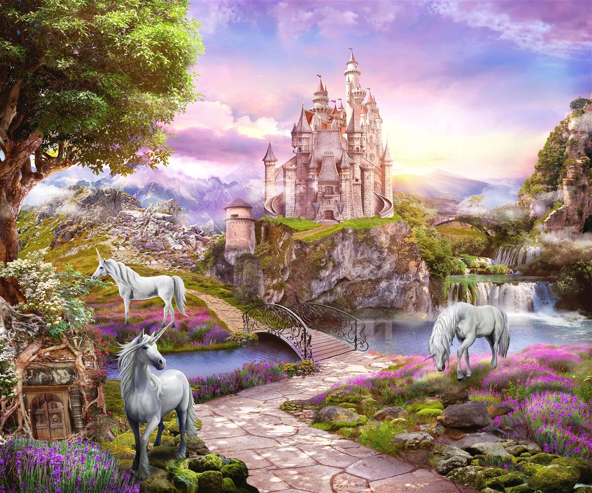 Papier peint le château au bord de la rivière est enchanté par la présence de licornes