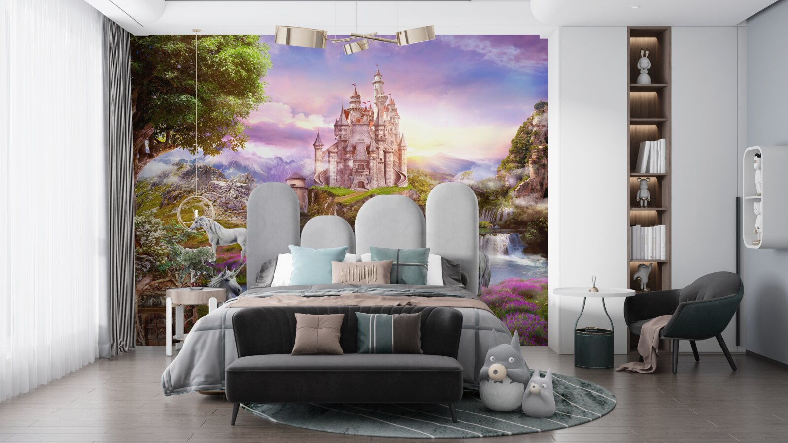 Papier peint le château au bord de la rivière est enchanté par la présence de licornes