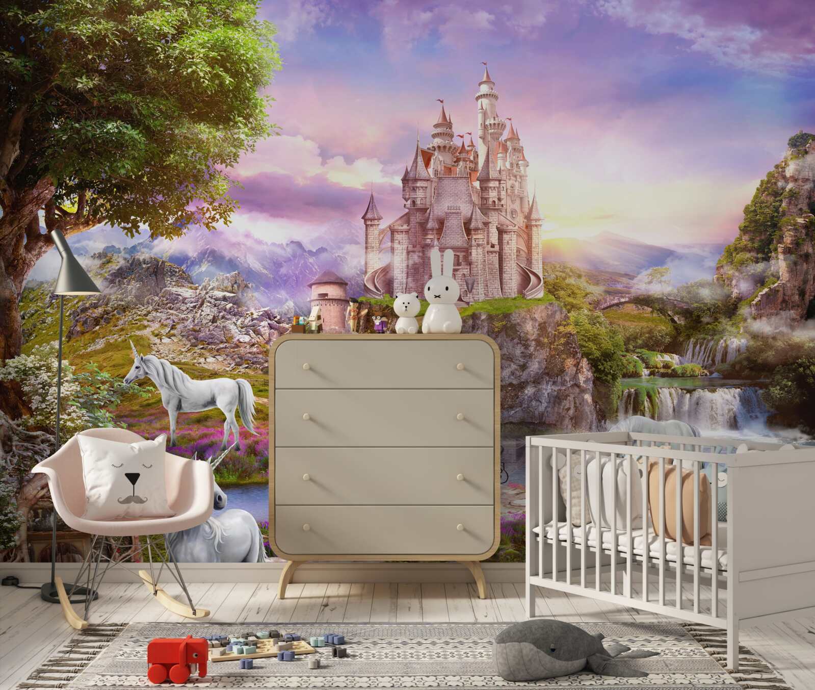 Papier peint le château au bord de la rivière est enchanté par la présence de licornes