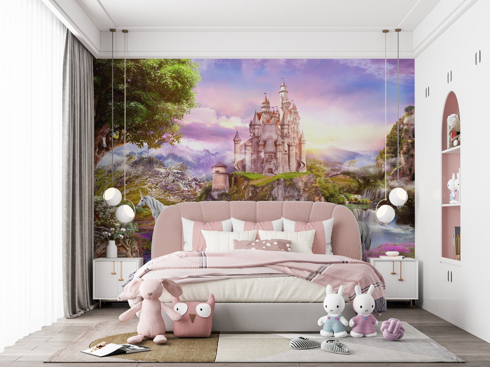 Papier peint le château au bord de la rivière est enchanté par la présence de licornes