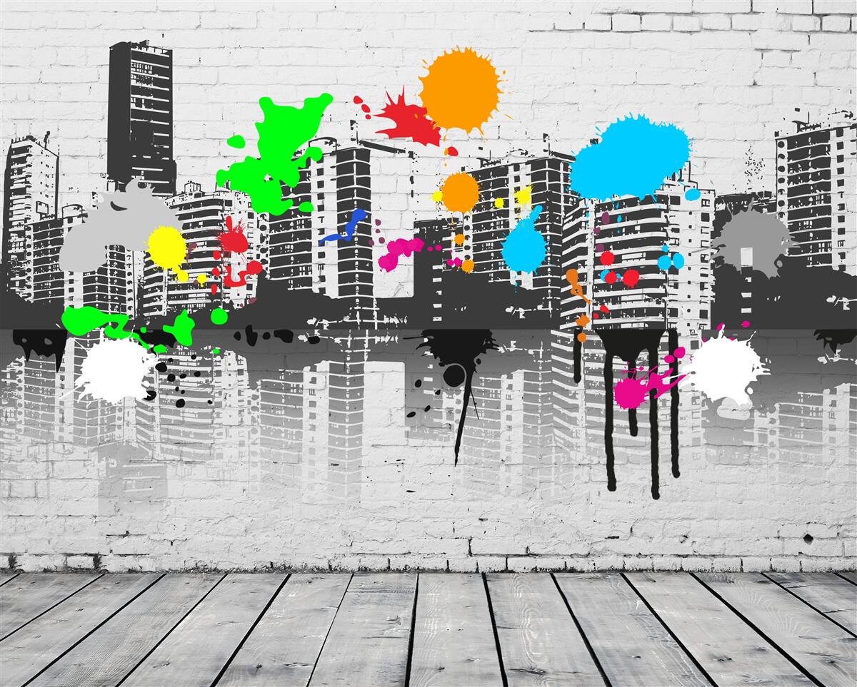 Papier peint des graffitis représentant la ville en noir et blanc