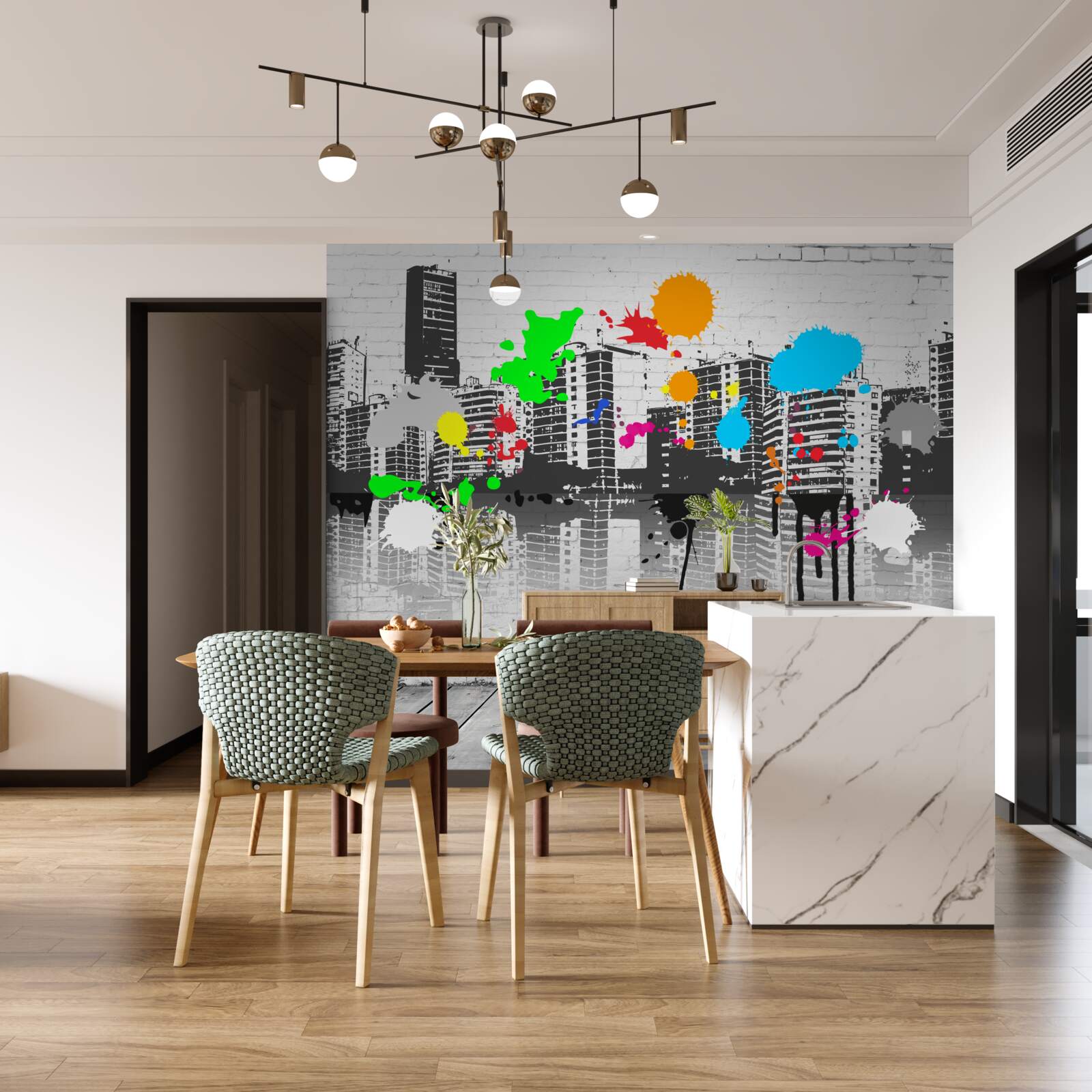 Papier peint des graffitis représentant la ville en noir et blanc