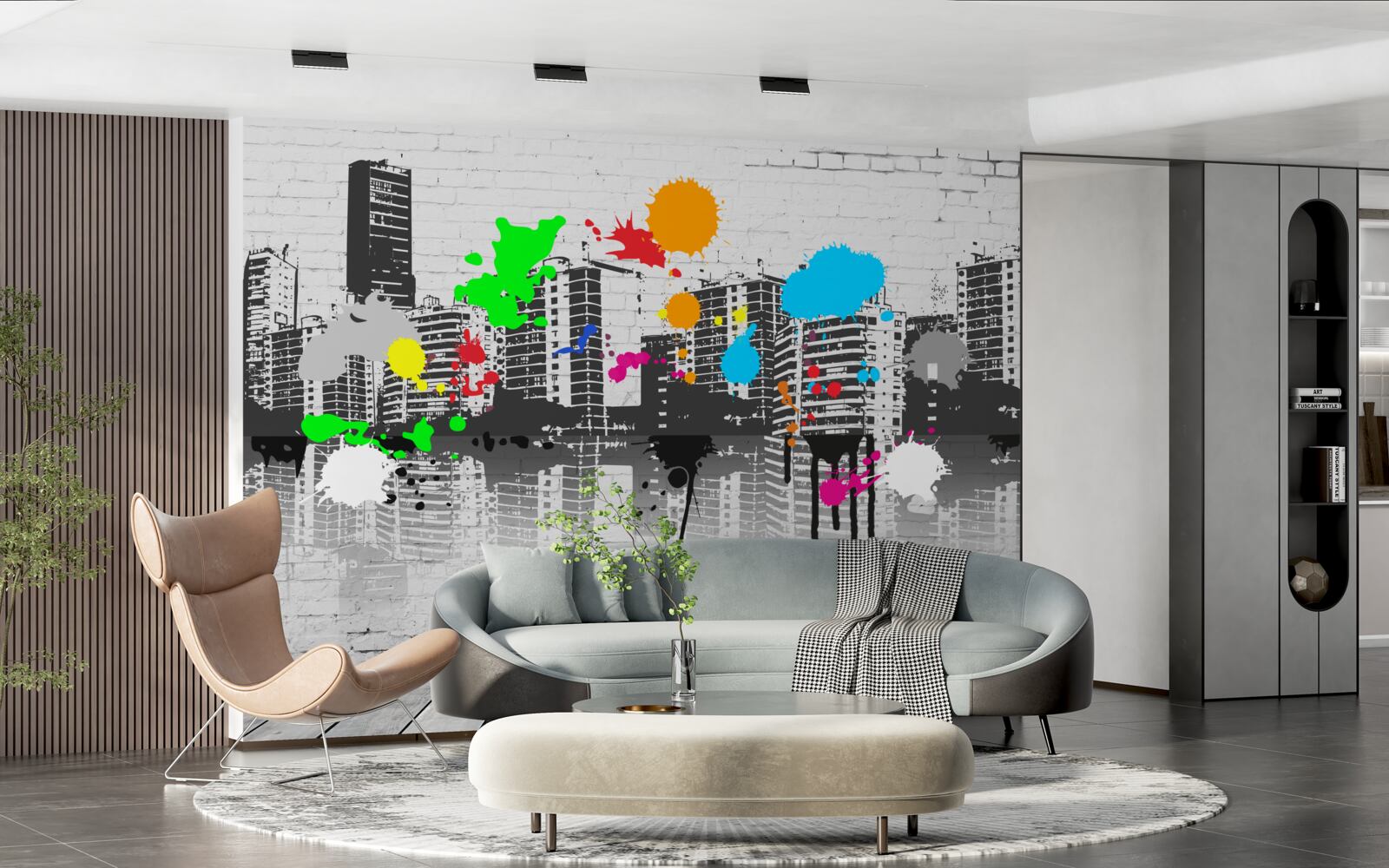 Papier peint des graffitis représentant la ville en noir et blanc