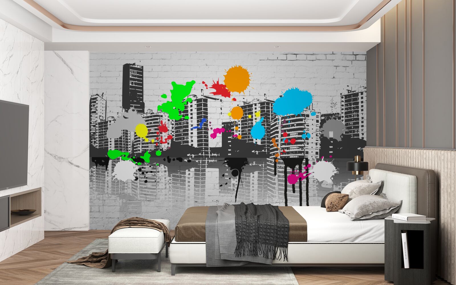 Papier peint des graffitis représentant la ville en noir et blanc