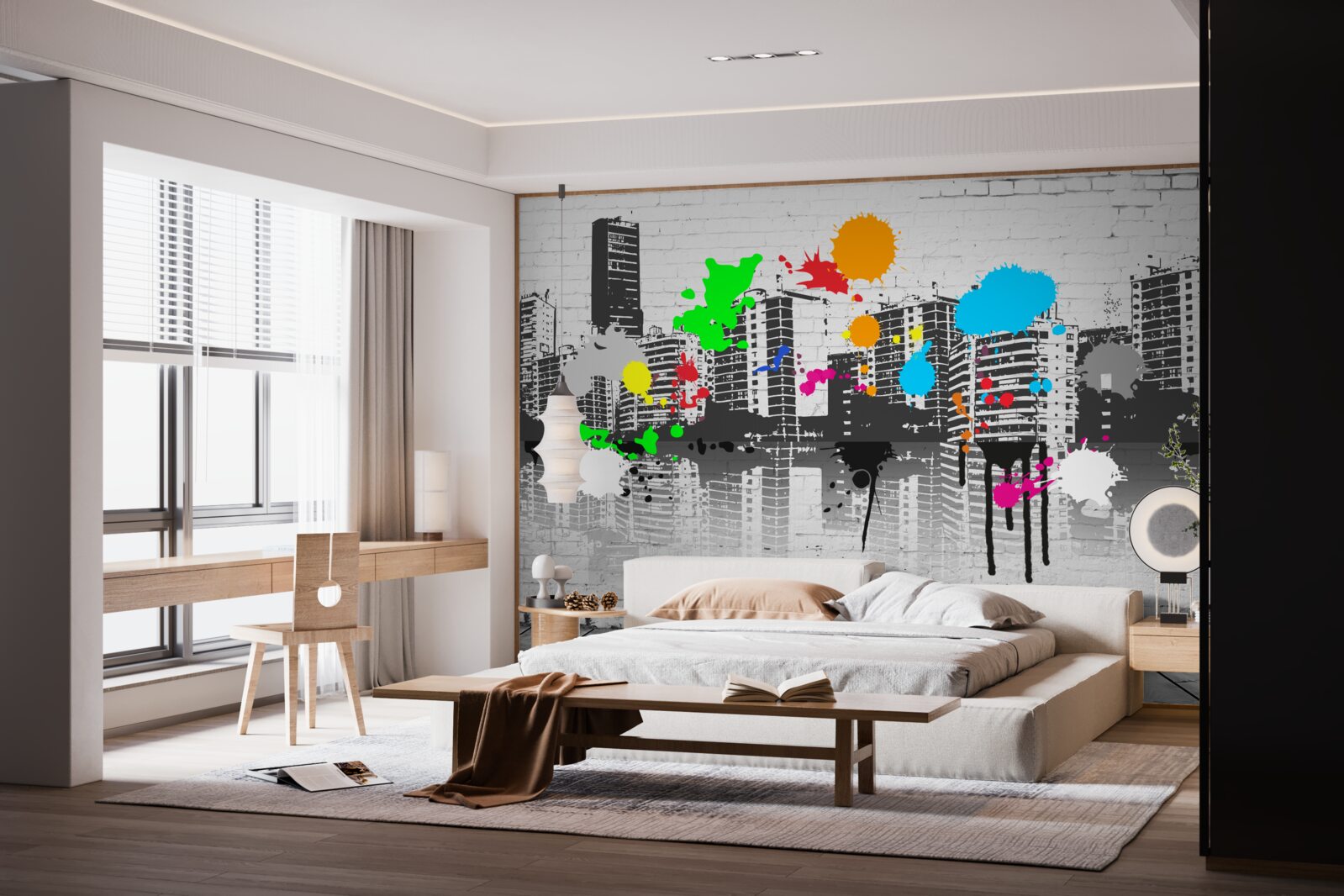 Papier peint des graffitis représentant la ville en noir et blanc