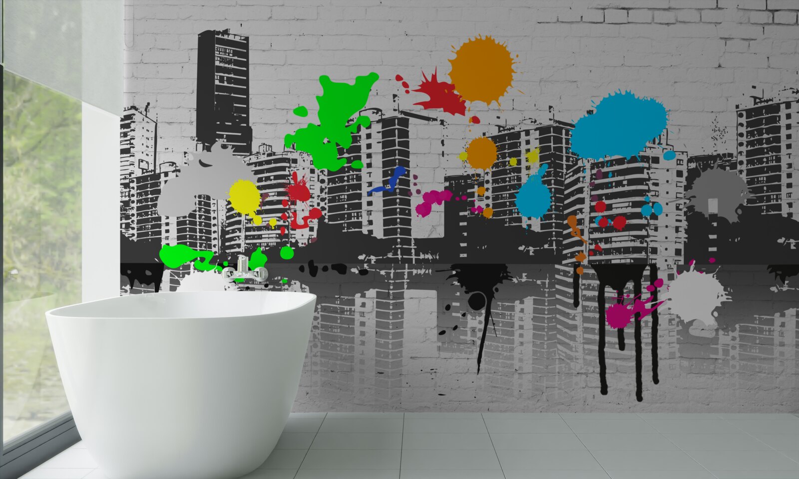 Papier peint des graffitis représentant la ville en noir et blanc