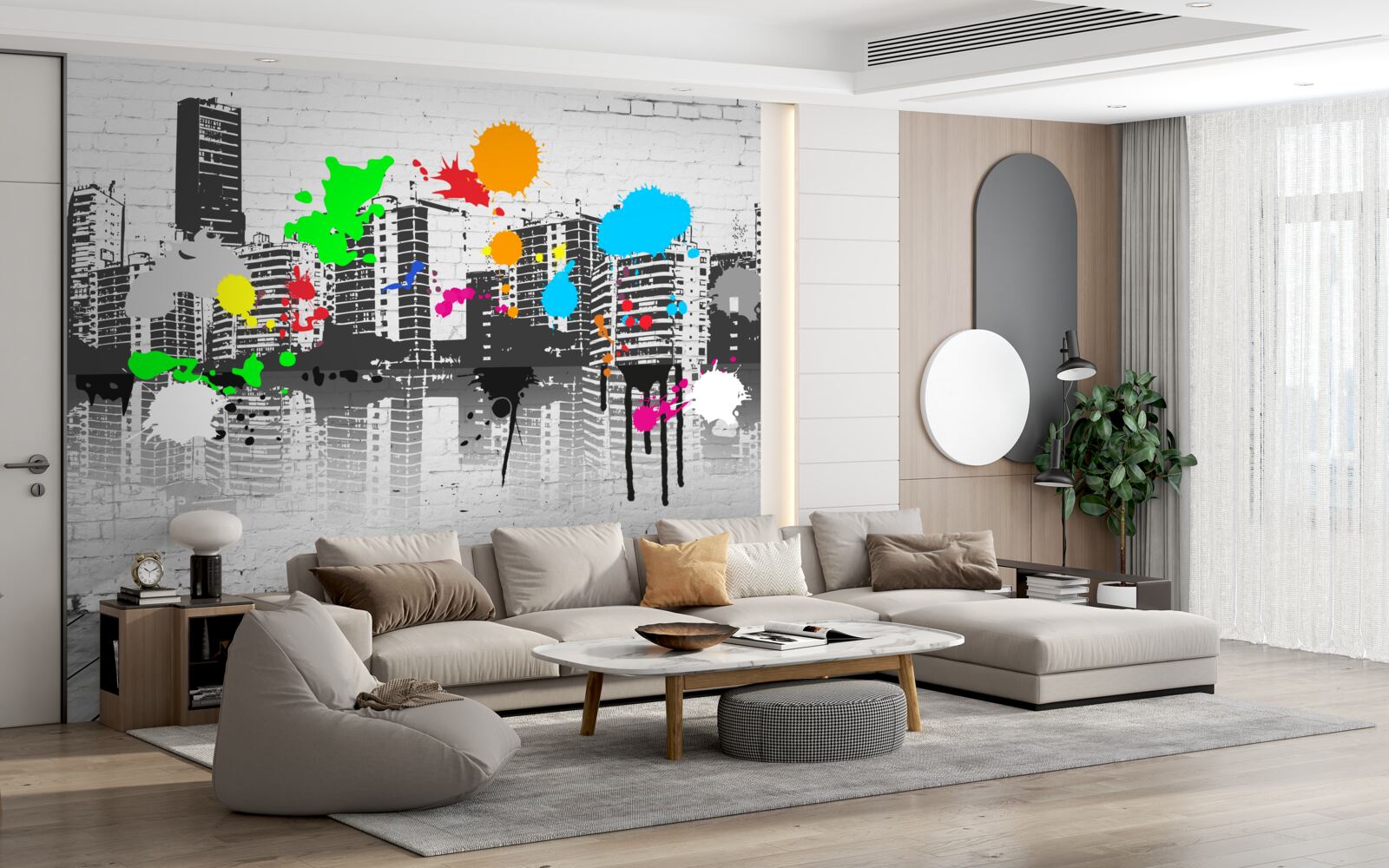 Papier peint des graffitis représentant la ville en noir et blanc