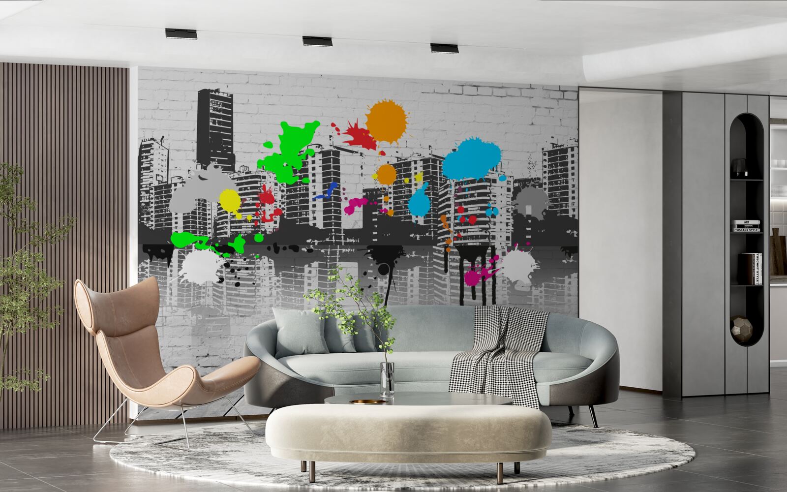 Papier peint des graffitis représentant la ville en noir et blanc